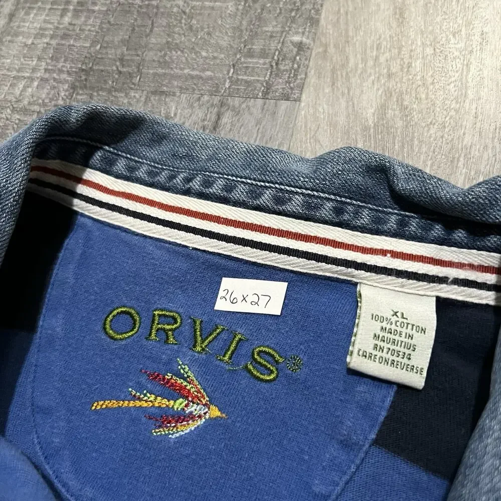 VTG Orvis Denim Collar Blue Striped Long Sleeve Polo Shirt Y2K Rugby Men's XL